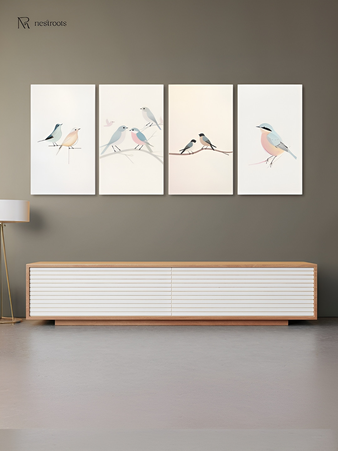 nestroots White & Green 4 Pieces Birds on Branch Canvas Paintings Wall Art