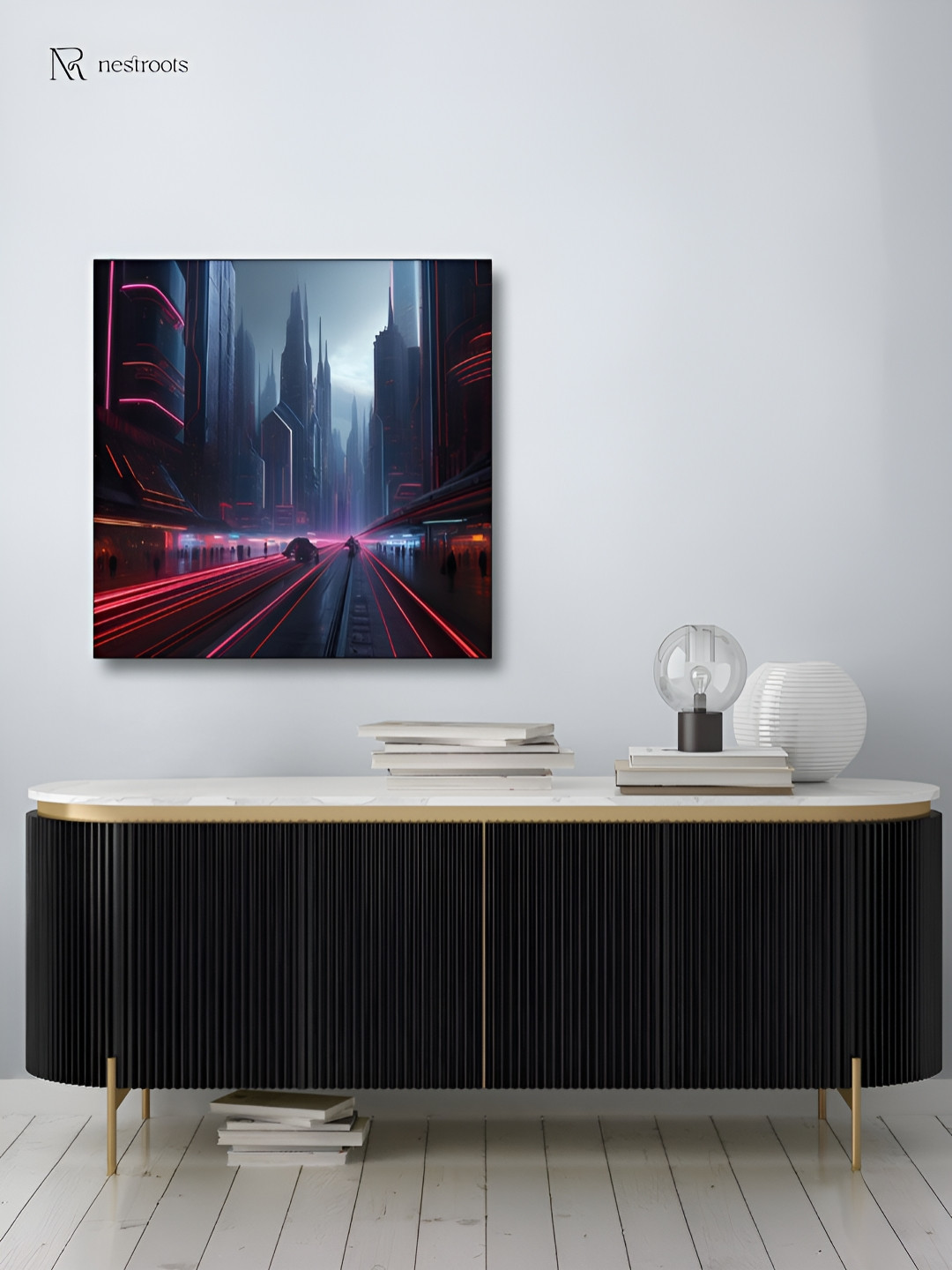 nestroots Neon Cityscape Blue & Red Canvas Wall Art