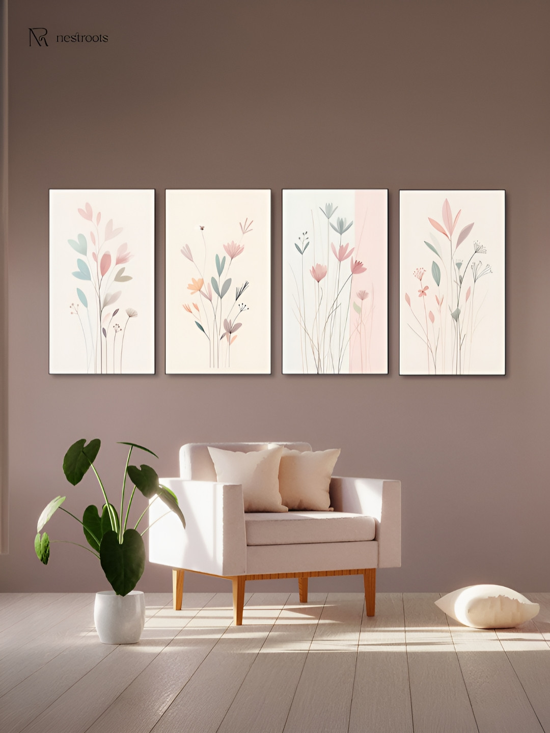 nestroots Peach-Coloured & Grey 4 Pieces Elegant Floral Canvas Painting Wall Arts