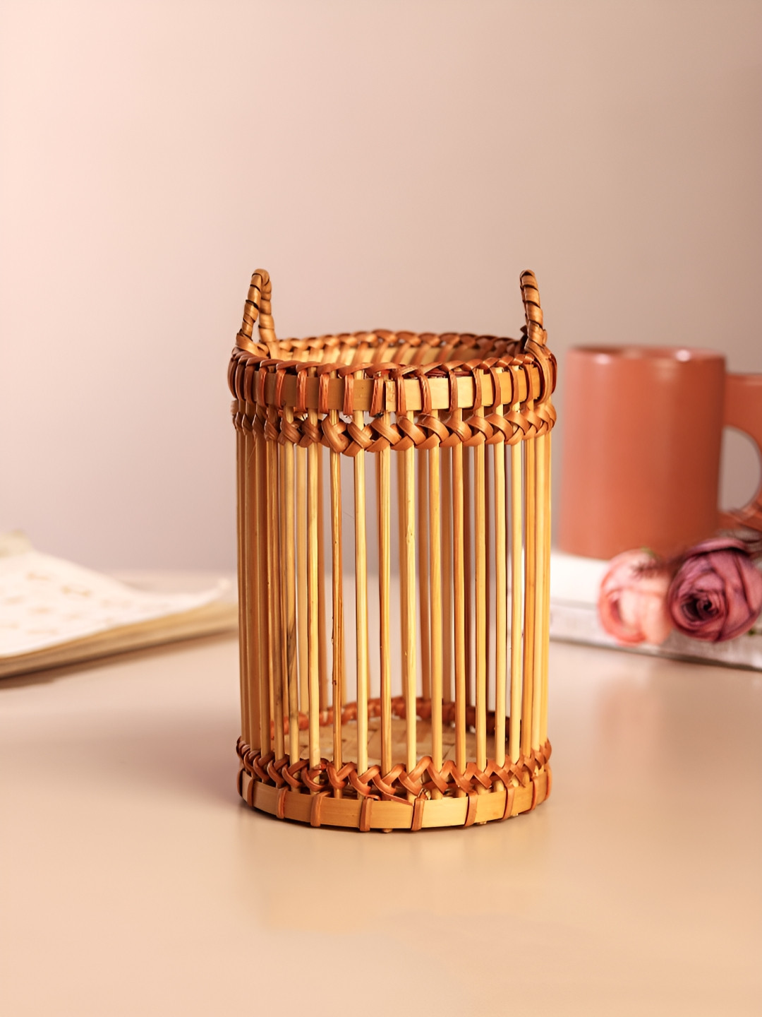 HABERE INDIA Beige Self Design Bamboo Tealight Candle Holders