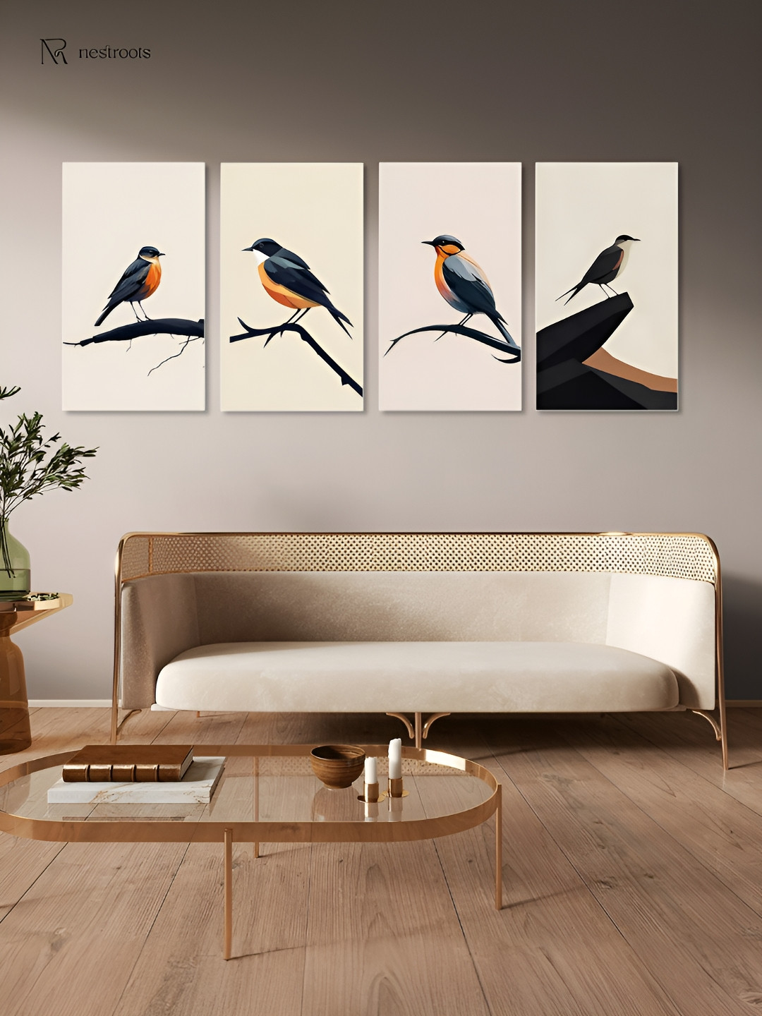 nestroots Cream-Coloured & Black 4 Pieces Serene Bird Canvas Paintings Wall Arts