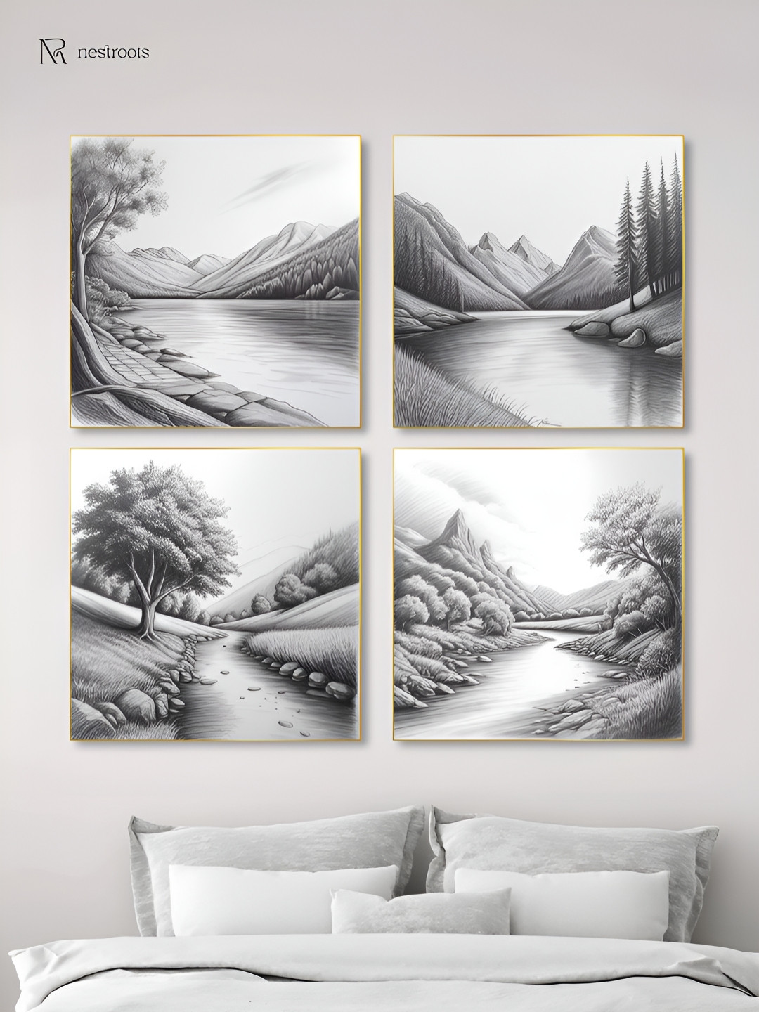 nestroots Grey 4 Pieces Serene River and Tree Canvas Painting Wall Arts