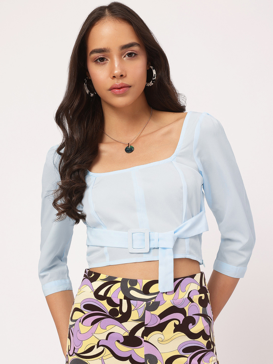 DressBerry Cuffed Sleeves Pleated Belted Crop Top