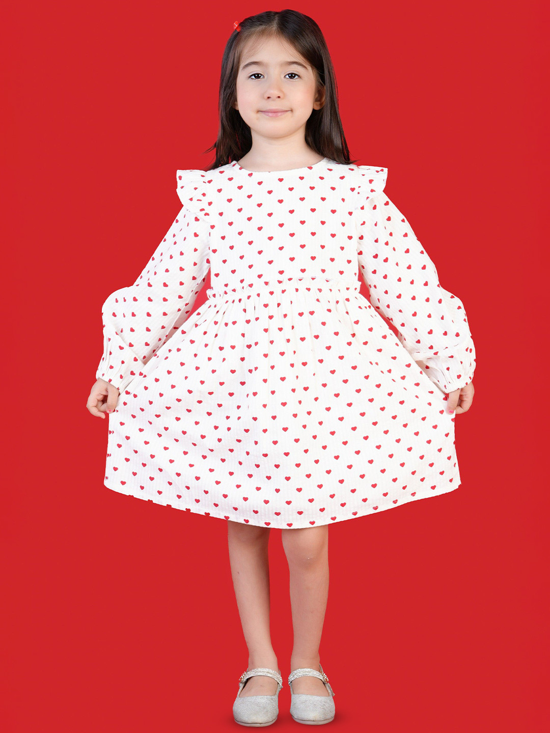 Nature Nook Kids Girls Polka Dot Printed Cotton Round Neck Puff Sleeve Fit and Flare Dress