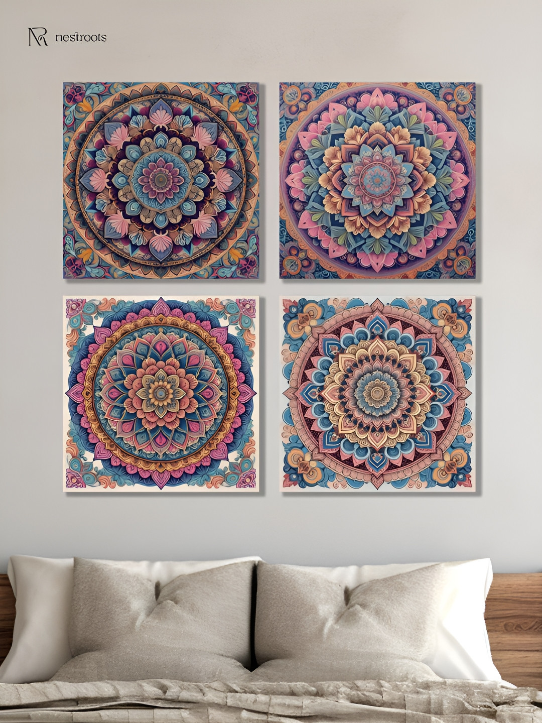 nestroots Intricate Mandala Flower Canvas 4 Piece Square Paintings Wall Art -30 x 30 In