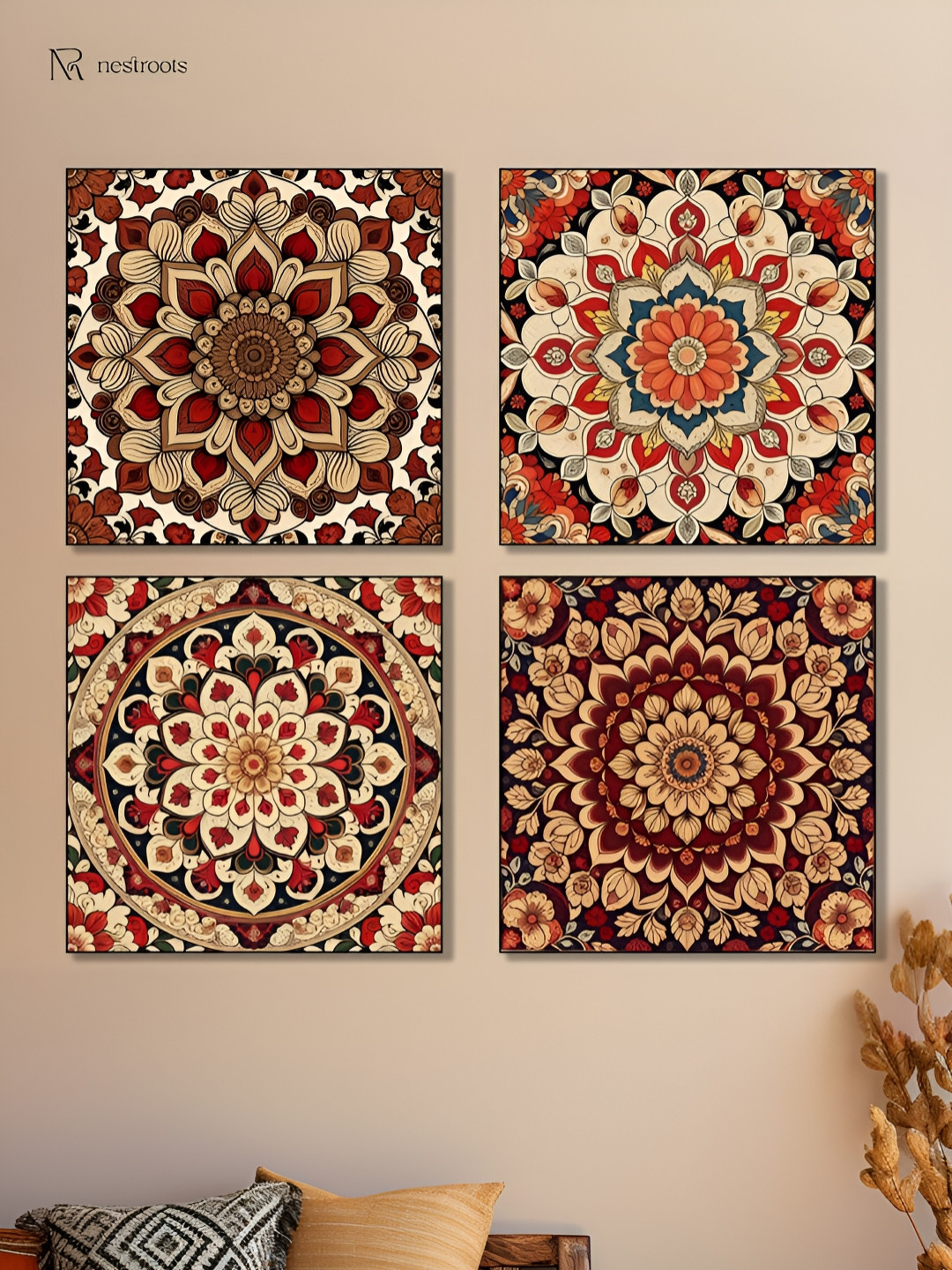 nestroots Cream & Red 4 Pieces Floral and Botanical Canvas Painting Wall Arts
