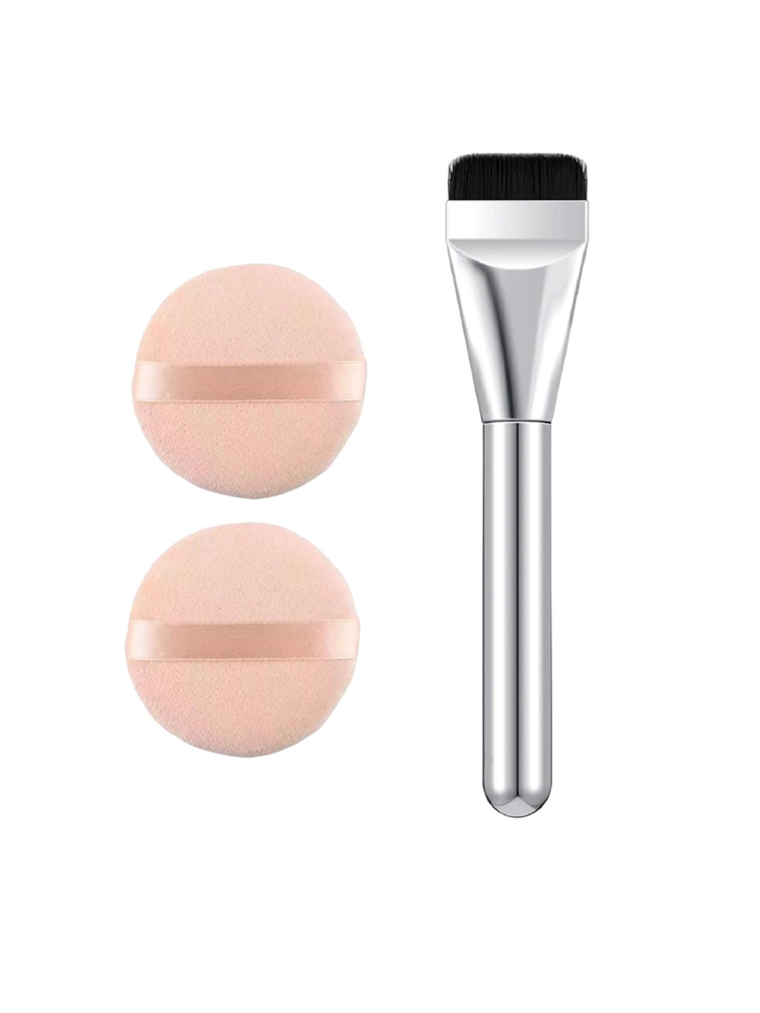 Facejewel 3 Pcs Silvery Foundation Brush With Round Makeup Puff