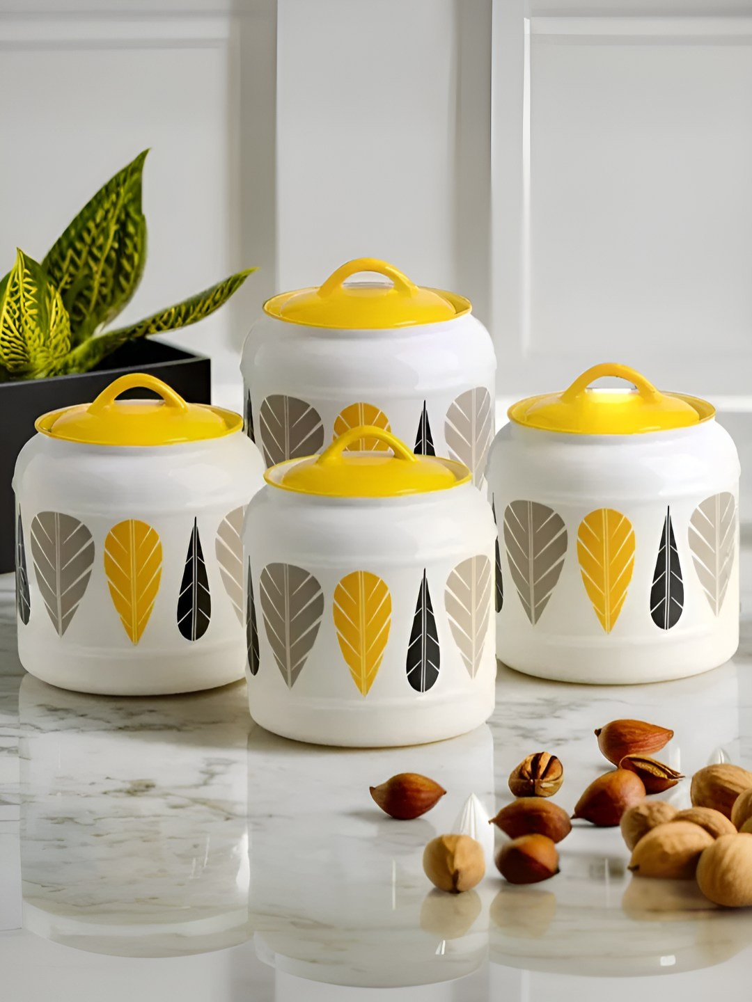 The Better Home White & Yellow 4 Pieces Printed Ceramic Easy to Clean Jar With Lid 2.5L