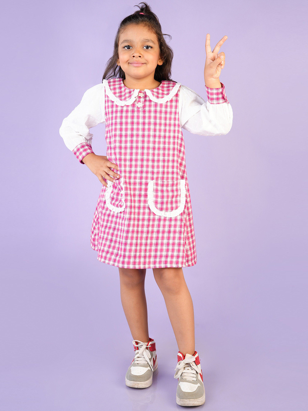 Nature Nook Kids Girls Cotton Checked Full Sleeves Peter Pan Collar A-Line Dress