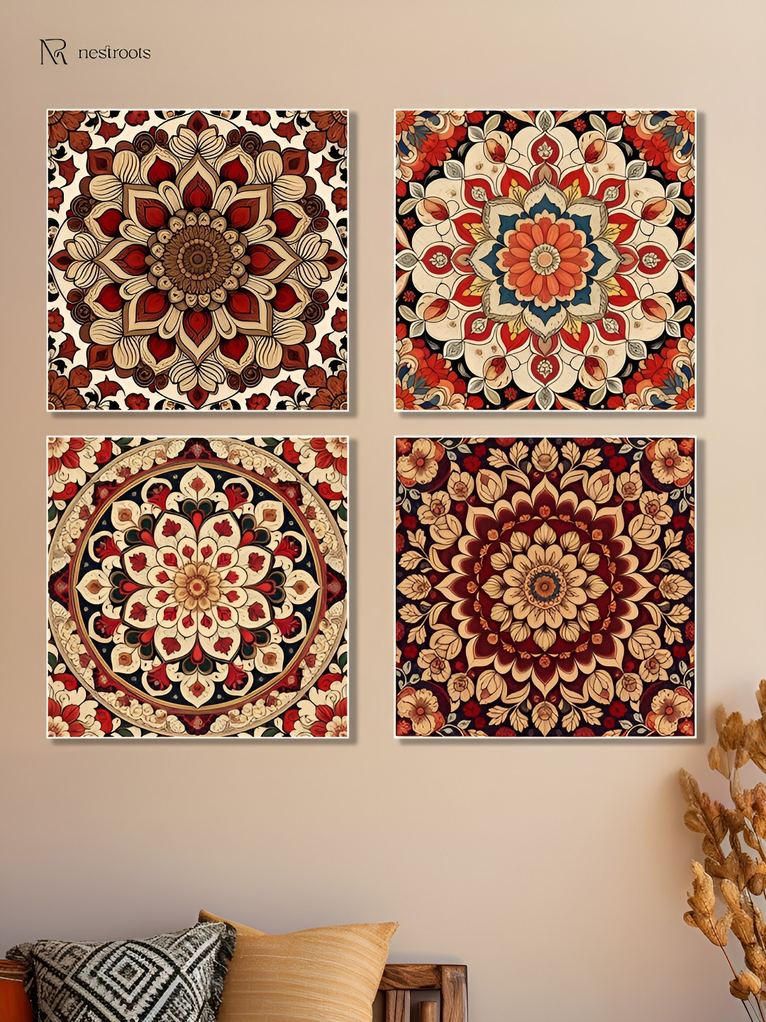 nestroots Vibrant Floral Red & White 4 Pieces Painting Canvas Wall Art