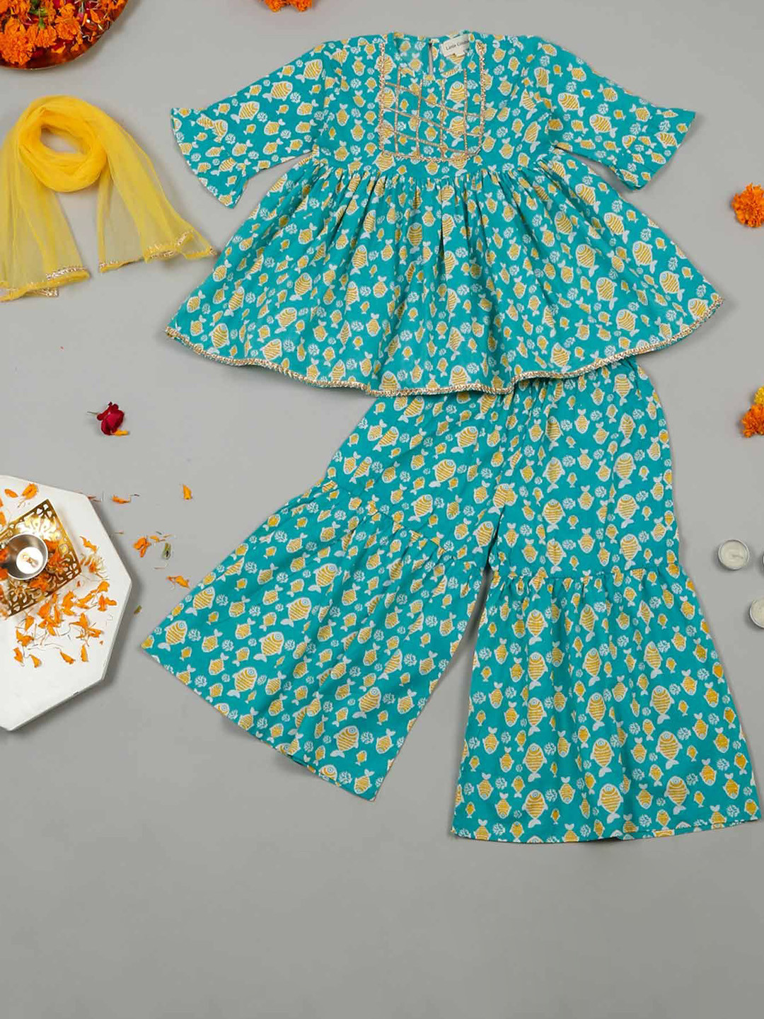 LITTLE GINNIE Girls Fish Printed Pure Cotton Anarkali Kurti With Sharara & Dupatta