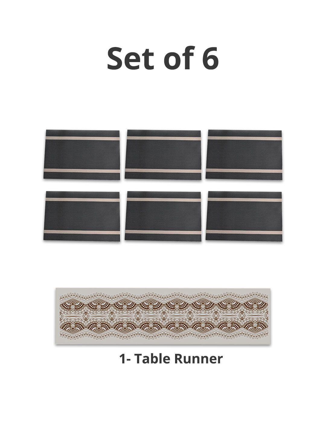 MARKET99 Brown & Beige 7 Pieces Printed Table Runner With Placemat Set