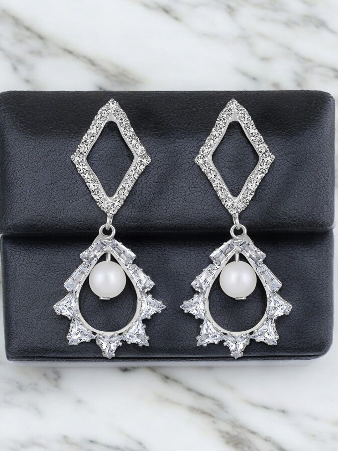 Stefan Silver-Plated Contemporary American Diamond Artificial Pearl Beaded Drop Earrings