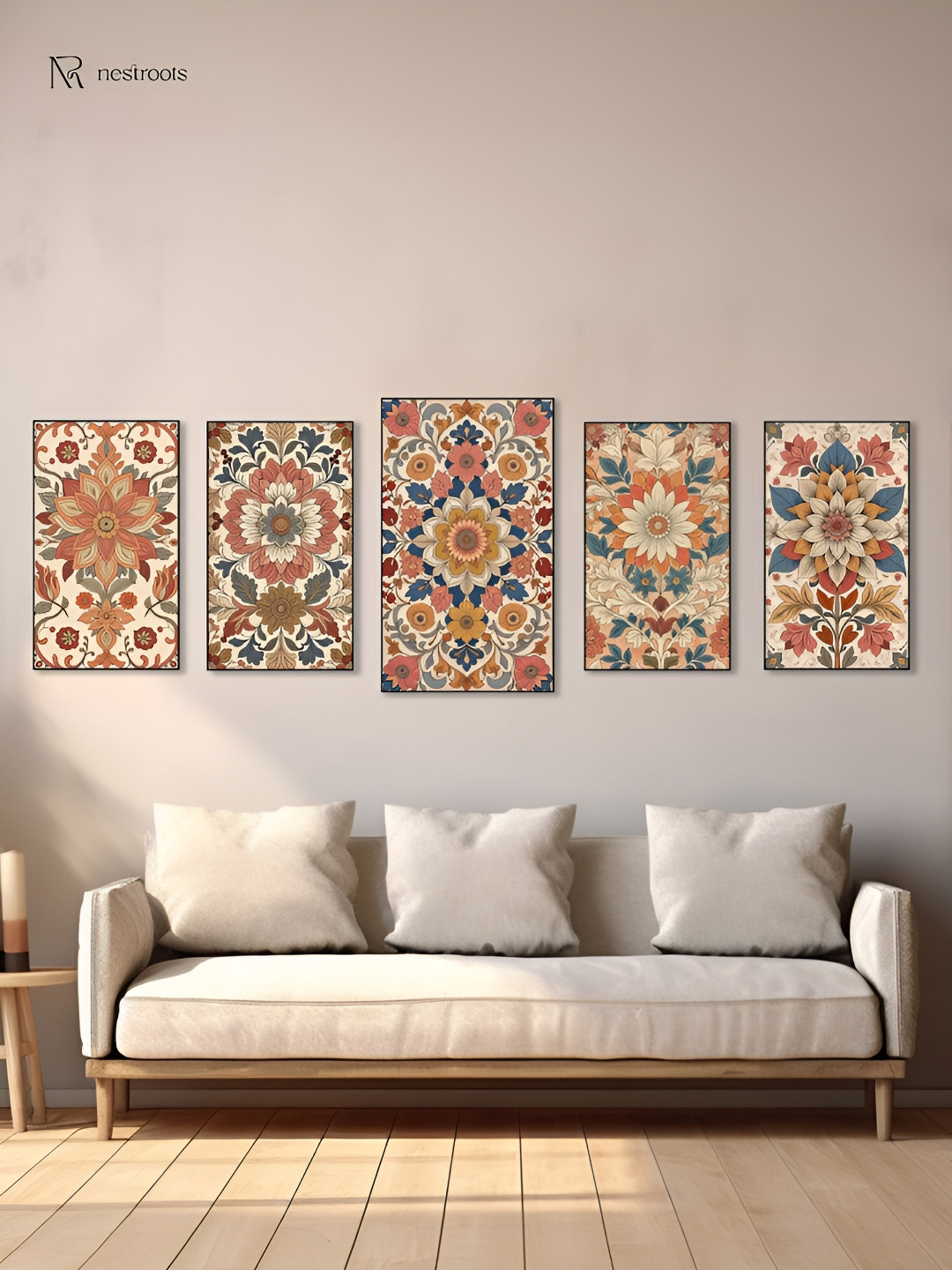 nestroots Vibrant Floral Black & Peach-Coloured 5 Pieces Printed Canvas Wall Art