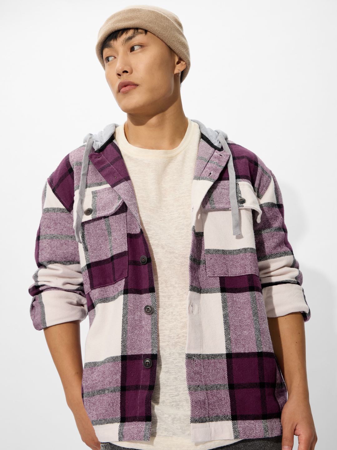 The Souled Store Men Hood Buffalo Checked Cotton Oversized Casual Shackets