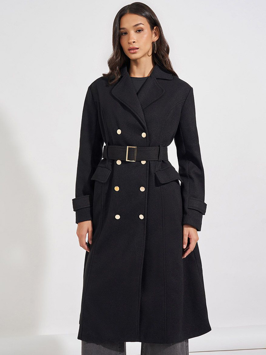 Styli Women Regular Fit Wool Like Double Breasted Belted Coat