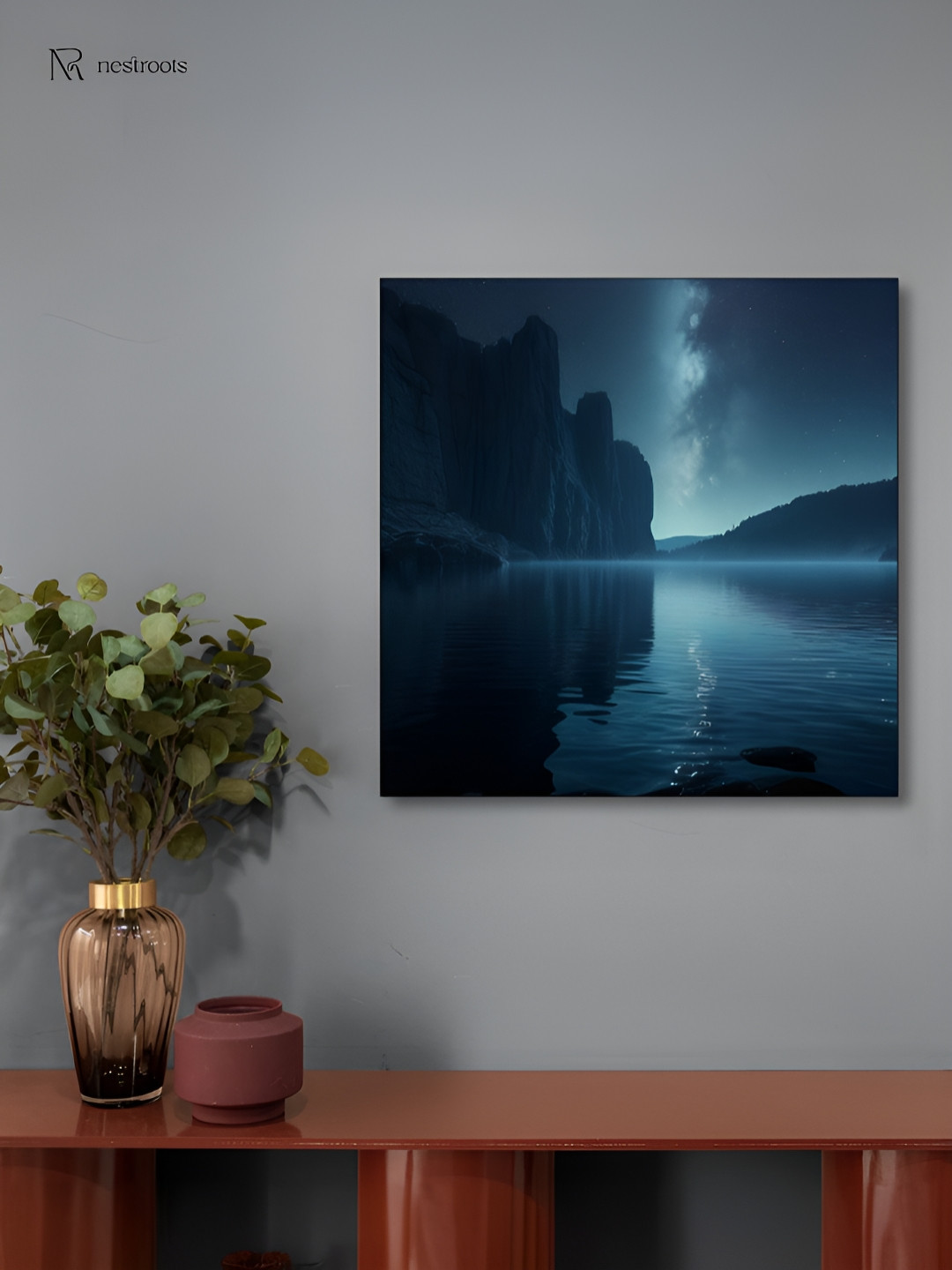 nestroots Blue & Black Tranquil Lakeside Night Sky Canvas Painting Wall Art
