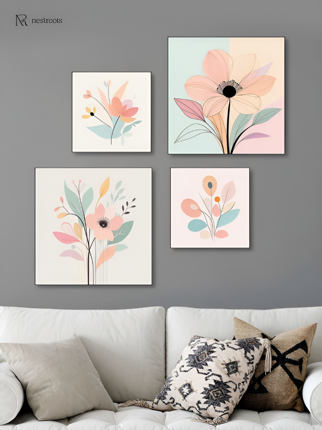nestroots Birds of Geometric Elegance Pink 4 Pieces Floral Painting Canvas Wall Arts