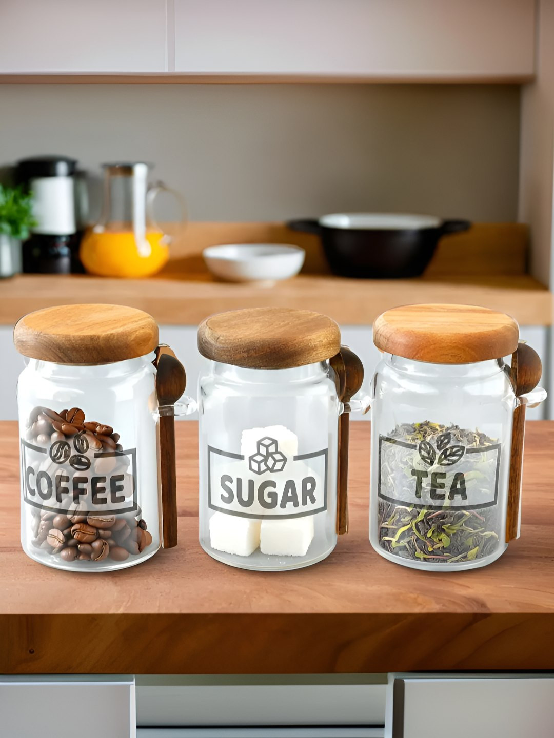 Umai Transparent Typography Borosilicate Glass Dishwasher Safe 3 Piece Flip Top Canister-500ml