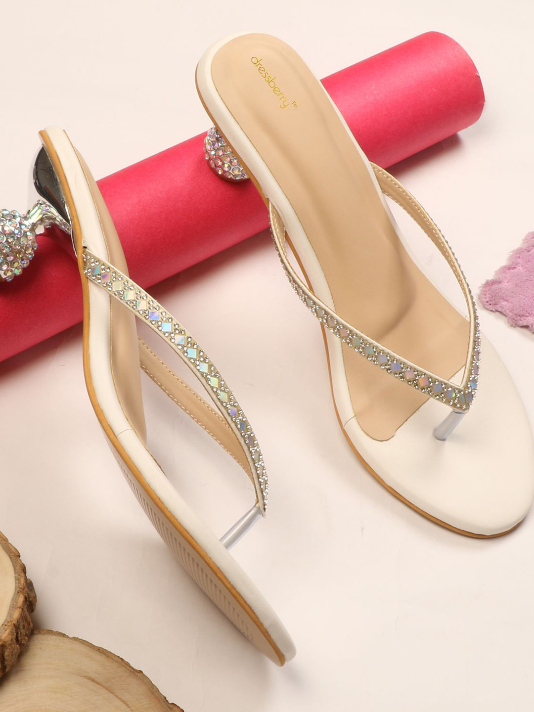 DressBerry Women Off White Embellished PU Party Kitten Sandals