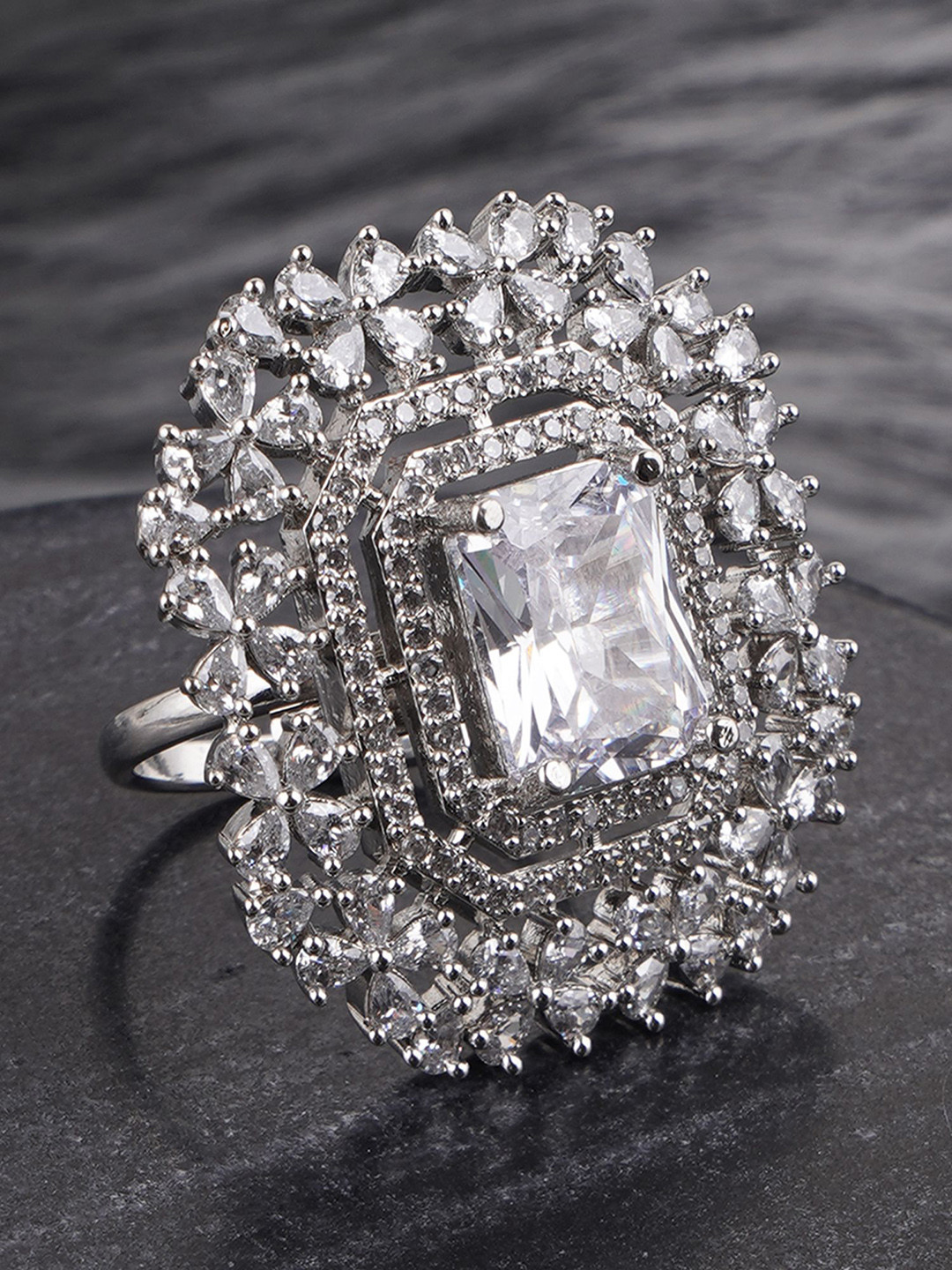 Adwitiya Collection Rhodium-Plated A Grade American Diamond Studded Adjustable Finger Ring