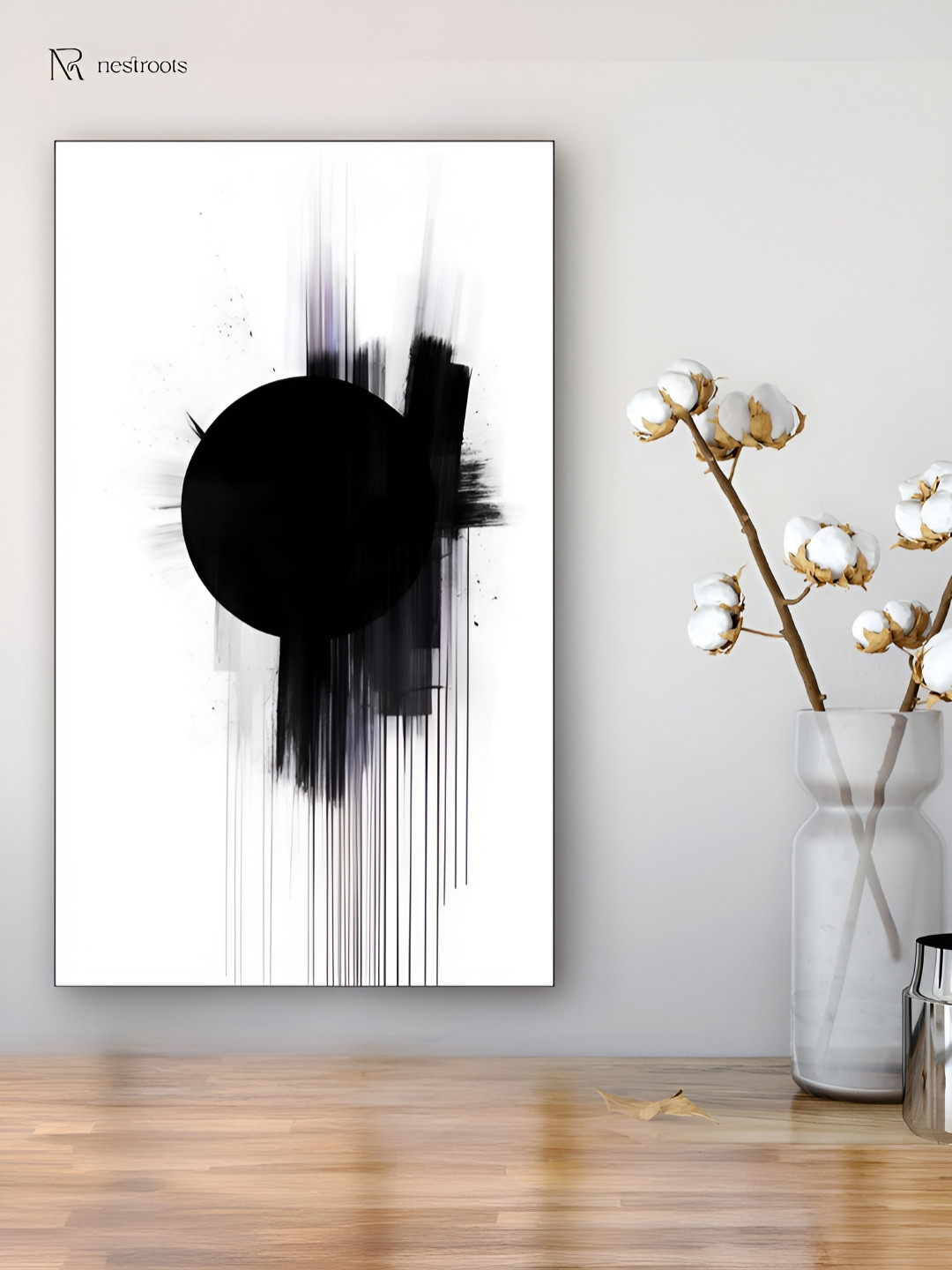 nestroots Modern Black Circle on Abstract Black & White Canvas Wall Art