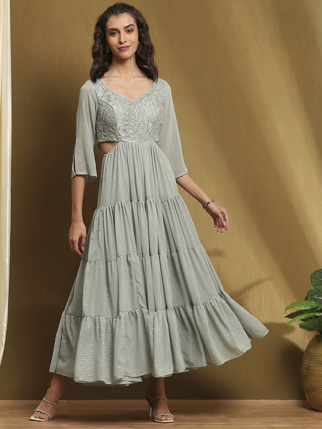 Biba Embroidered V-Neck Slit Sleeves Cut-Outs Fit and Flare Tiered Maxi Dresses