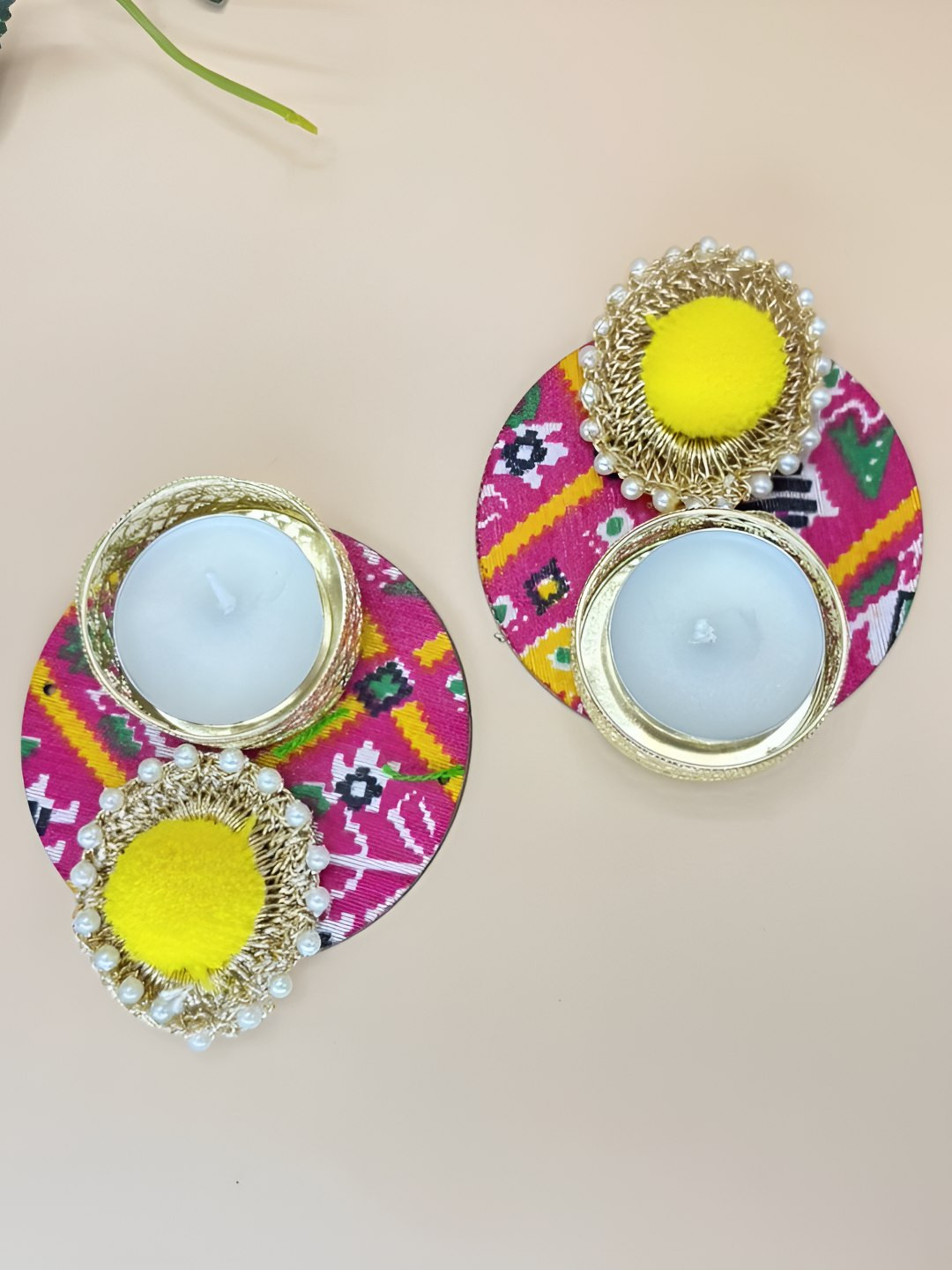 THE HOME CO. Yellow & Pink 2 Pieces Printed Patola Tea Light Candle Holder