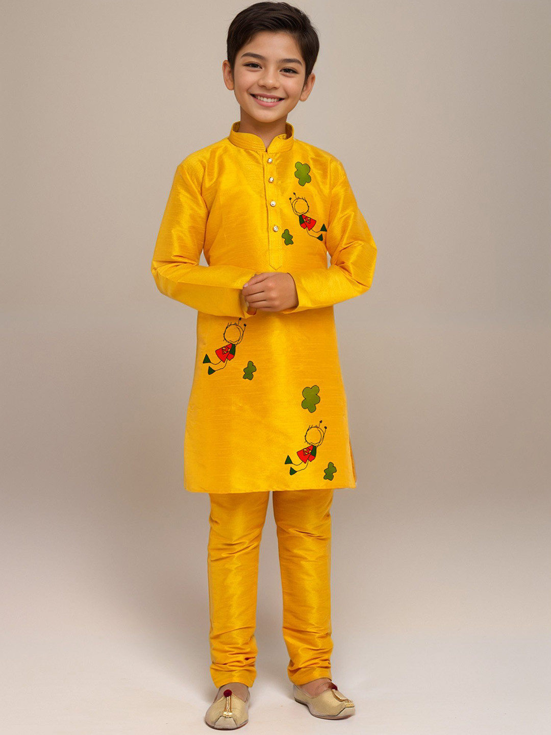 DEVOILER Boys Yellow Floral Printed Mandarin Collar Dupion Silk Straight Kurta