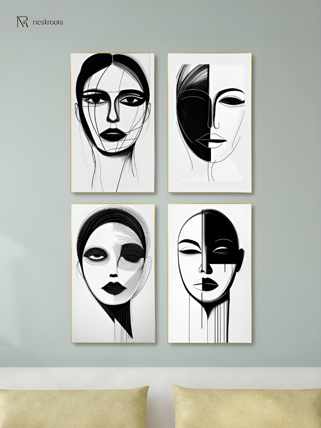 nestroots Monochrome Elegance: Woman's Captivating Portrait White 4 Pieces Canvas Wall Art