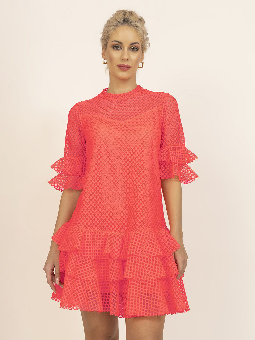 LELA Women Round Neck Fit and Flare Bell Sleeve Net Dress