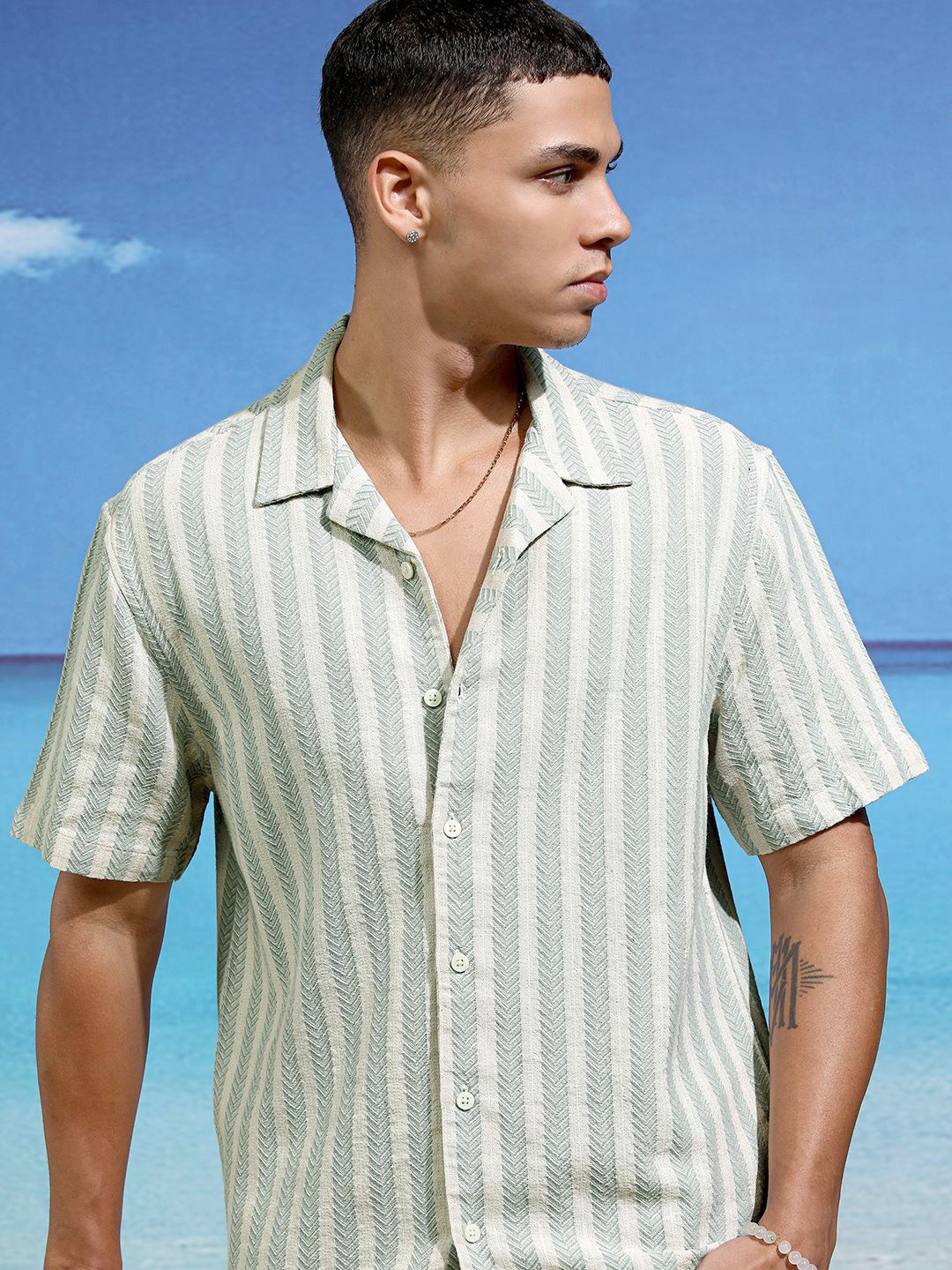Highlander Men Chenile Yarn Textured Striped Casual Regular Fit Shirt