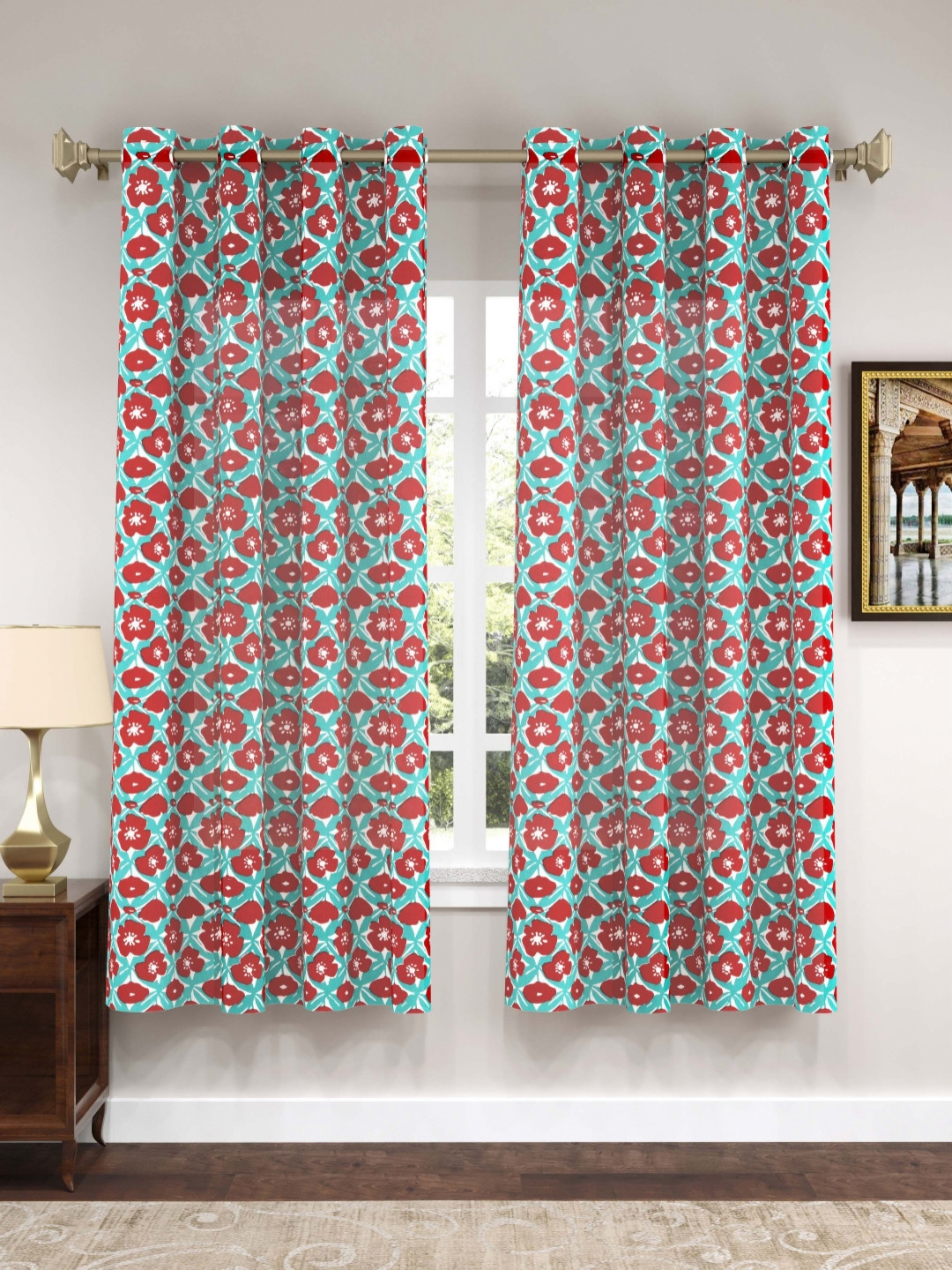 BLOCKS OF INDIA Turquoise Blue & Red 2 Pieces Ethnic Motifs Window Curtain