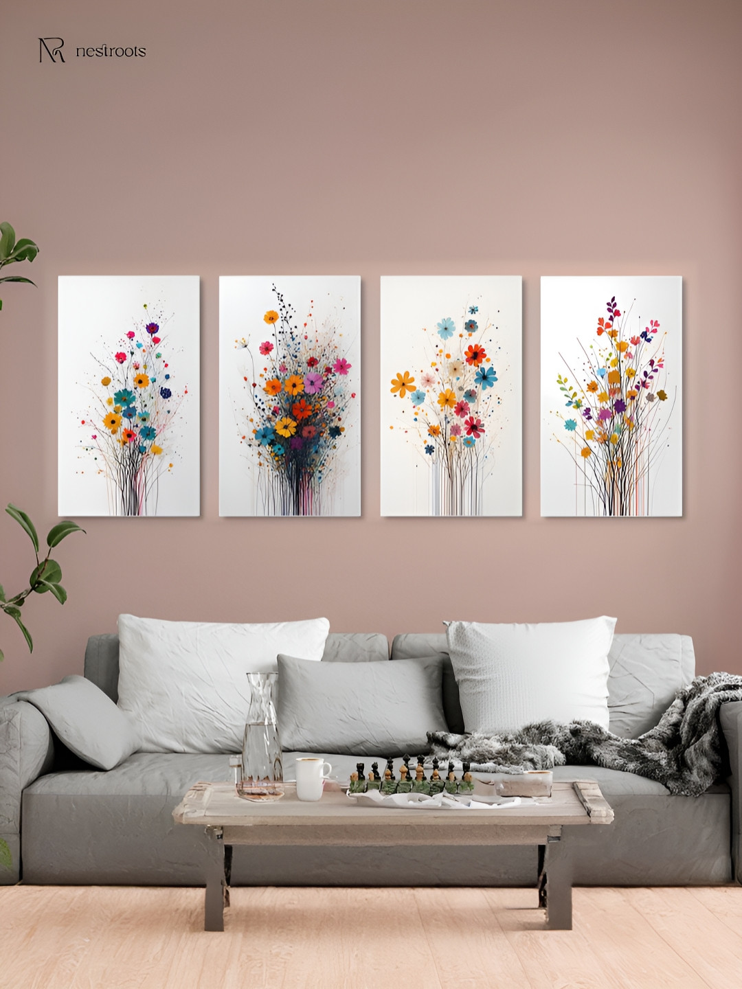 nestroots White & Green 4 Pieces Canvas Floral Symphony Paintings Wall Arts