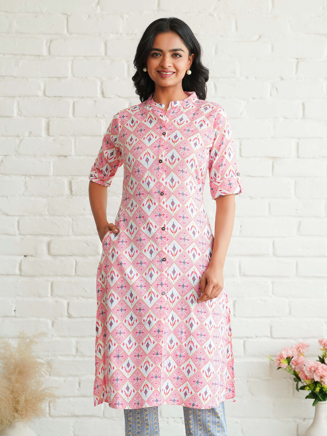 DIZON Women Roll-Up Sleeves Kurta