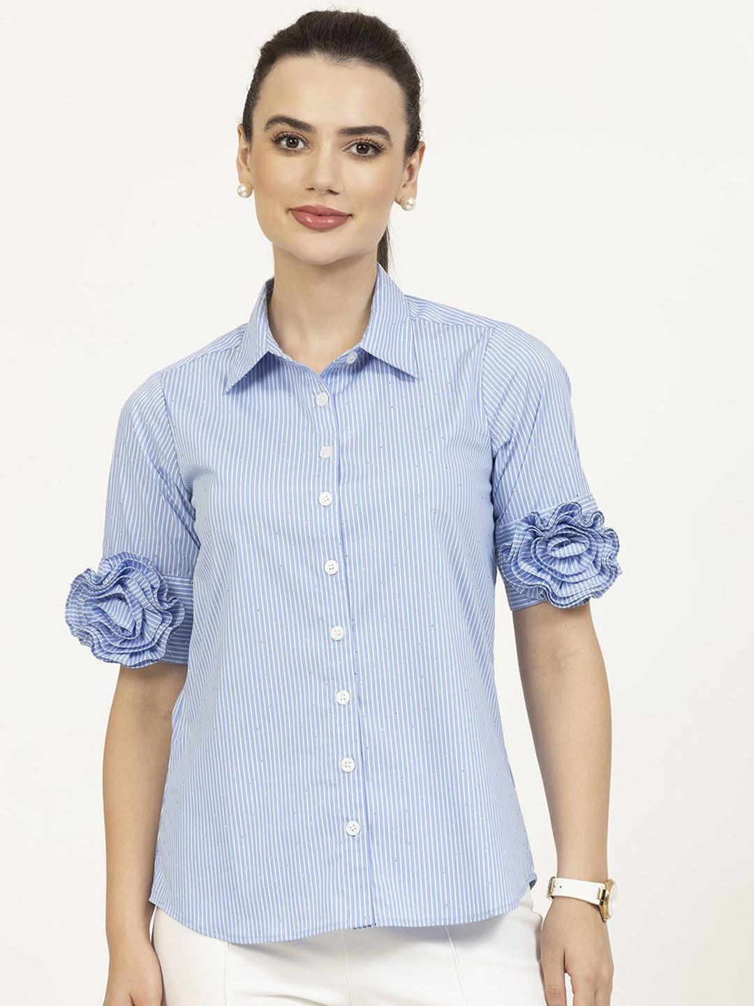 OFFICE & YOU Women Standard Spread Collar Vertical Striped Cotton Casual Shirt