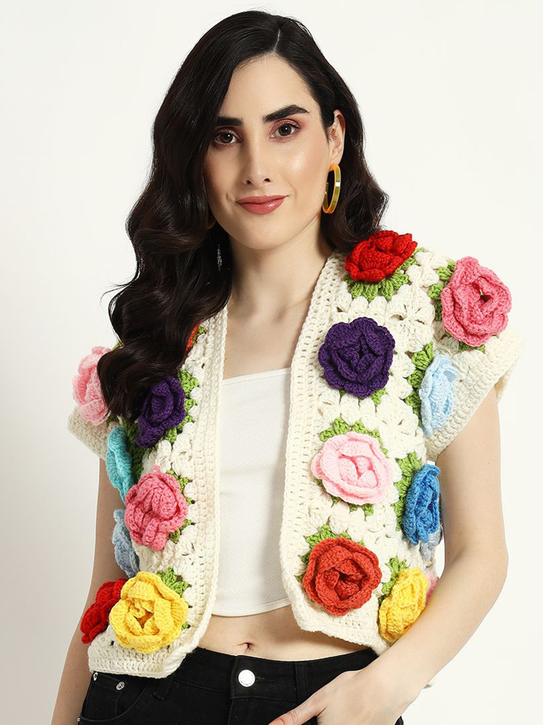 Sugercandy Women Floral Woollen Crop with Embroidered Detail