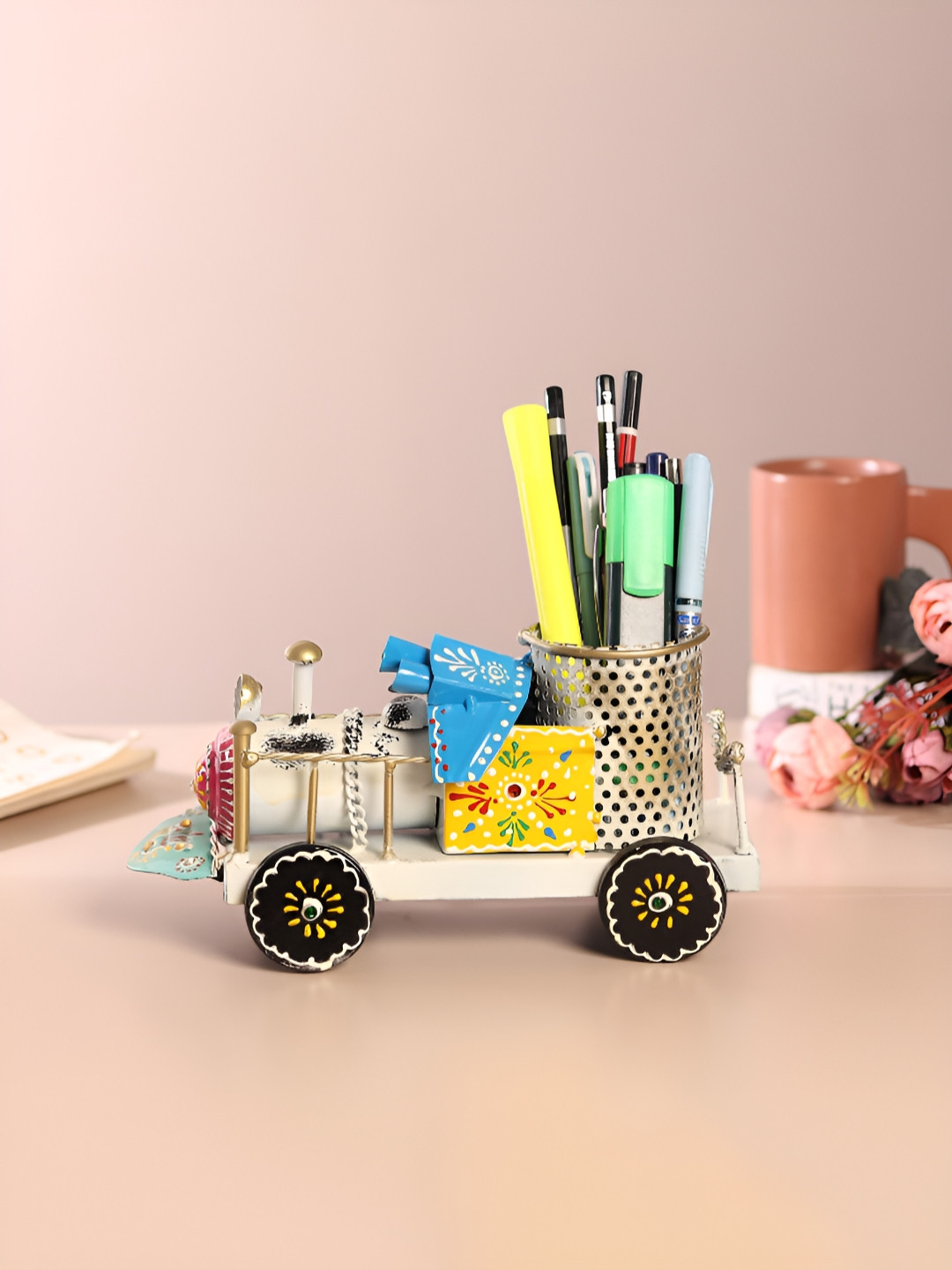 HABERE INDIA Silver-Toned & Blue Train Pen Holder Desk Organiser