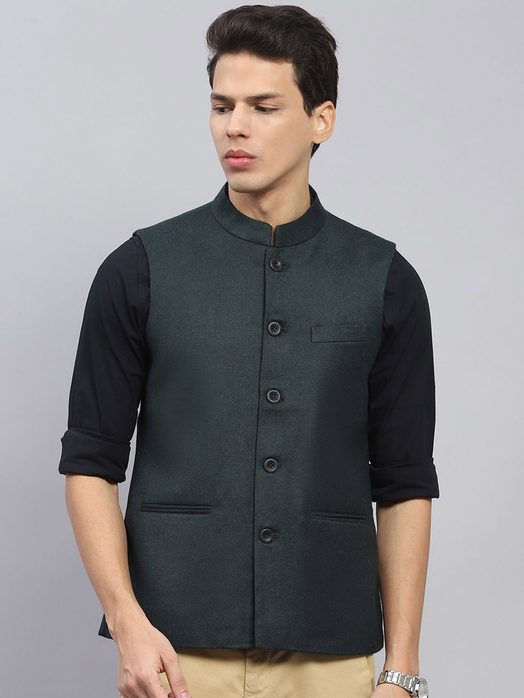 Monte Carlo Men Mandarin Collar Solid Wool Casual Tailored Jacket