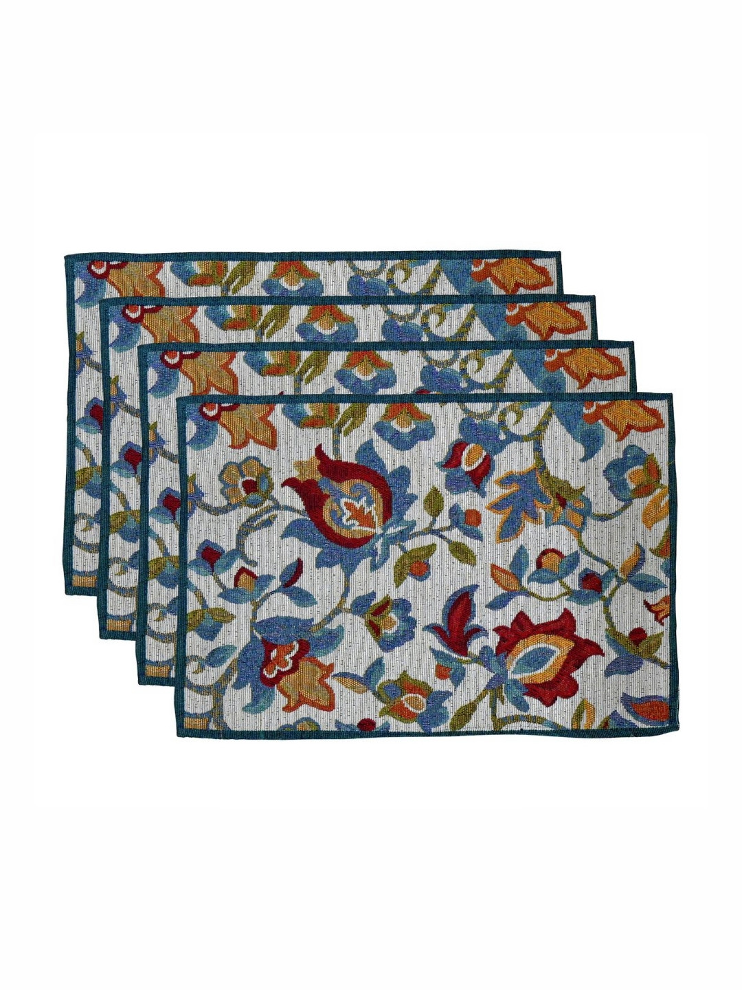 PRAKARTIK Set of 5 Blue & Red Floral Printed Rectangle Shaped Cotton Dining Table Placemats With Runner