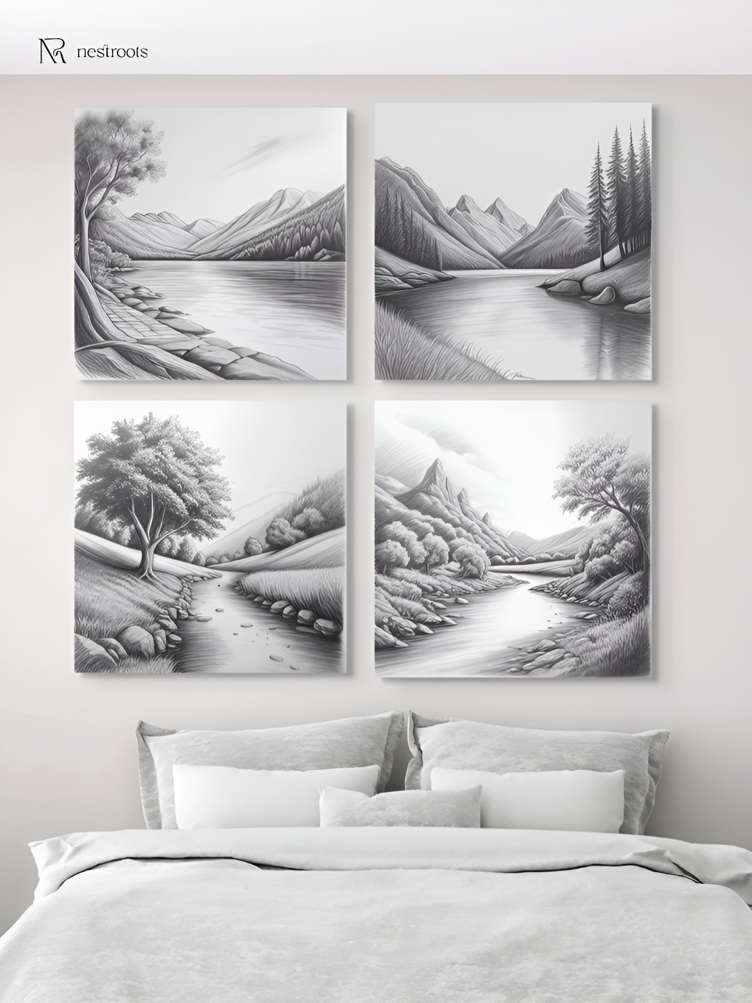nestroots River and Tree Canvas 4 Piece Wall Square Paintings Wall Art -18 x 18 In