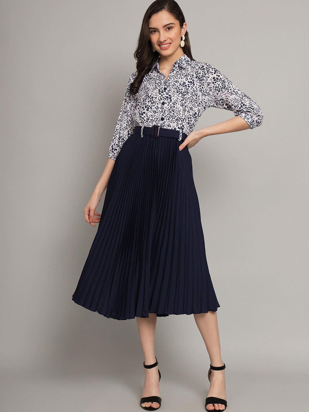 Femvy Women Floral Print Applique Shirt Collar Fit & Flare Comes with a belt Maxi Dress