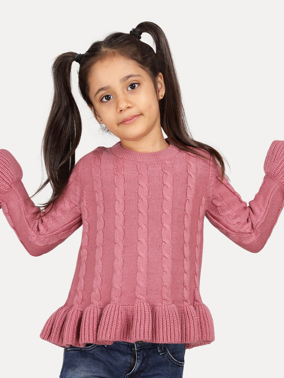 JoE Hazel Girls Cable Knit Self Design Winter Pullover