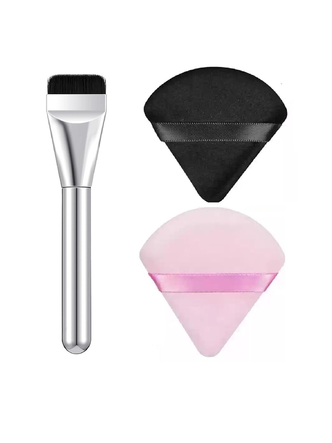 Facejewel Set Of 3, Silvery Foundation Brush & 2 Triangle Makeup Puff