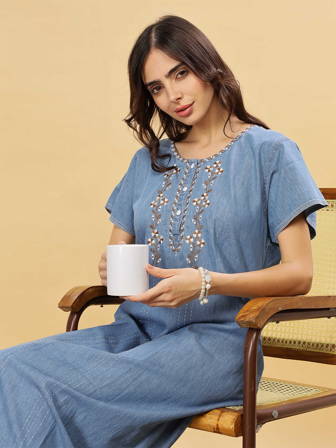 9shines Label Women Pure Cotton Embroidered Round Neck Short Sleeves Maxi Nightdress