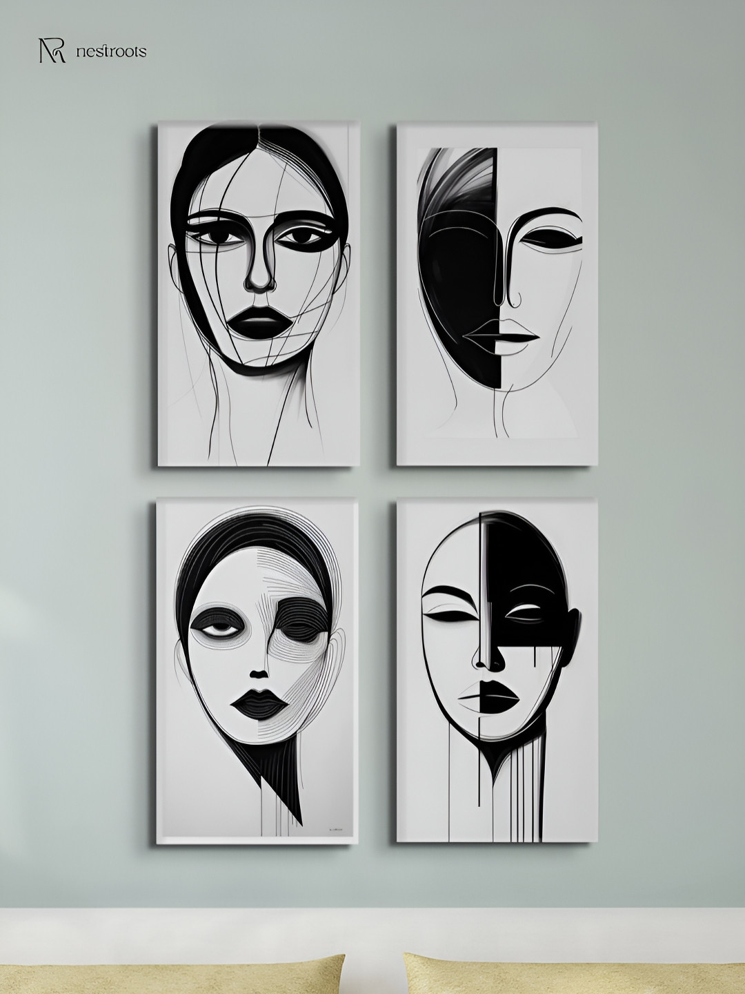 nestroots Black & White 4 Pieces Canvas Woman's Captivating Portrait Paintings Wall Arts