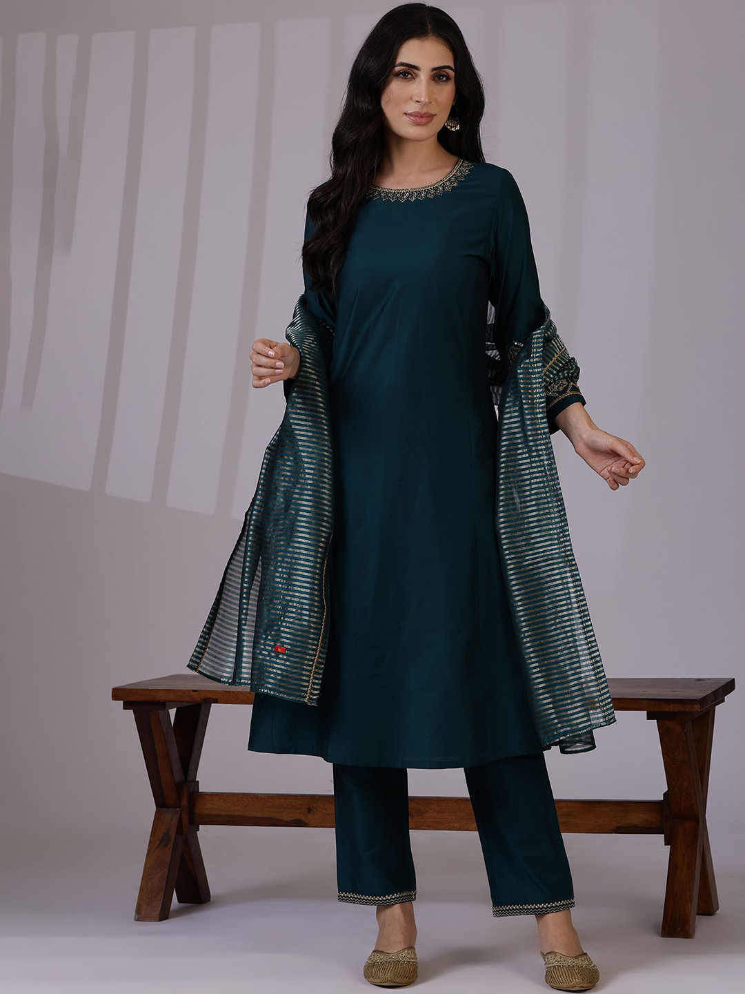W Teal Round Neck Three-Quarter Sleeves Regular Sequinned Kurta With Trouser With Dupatta