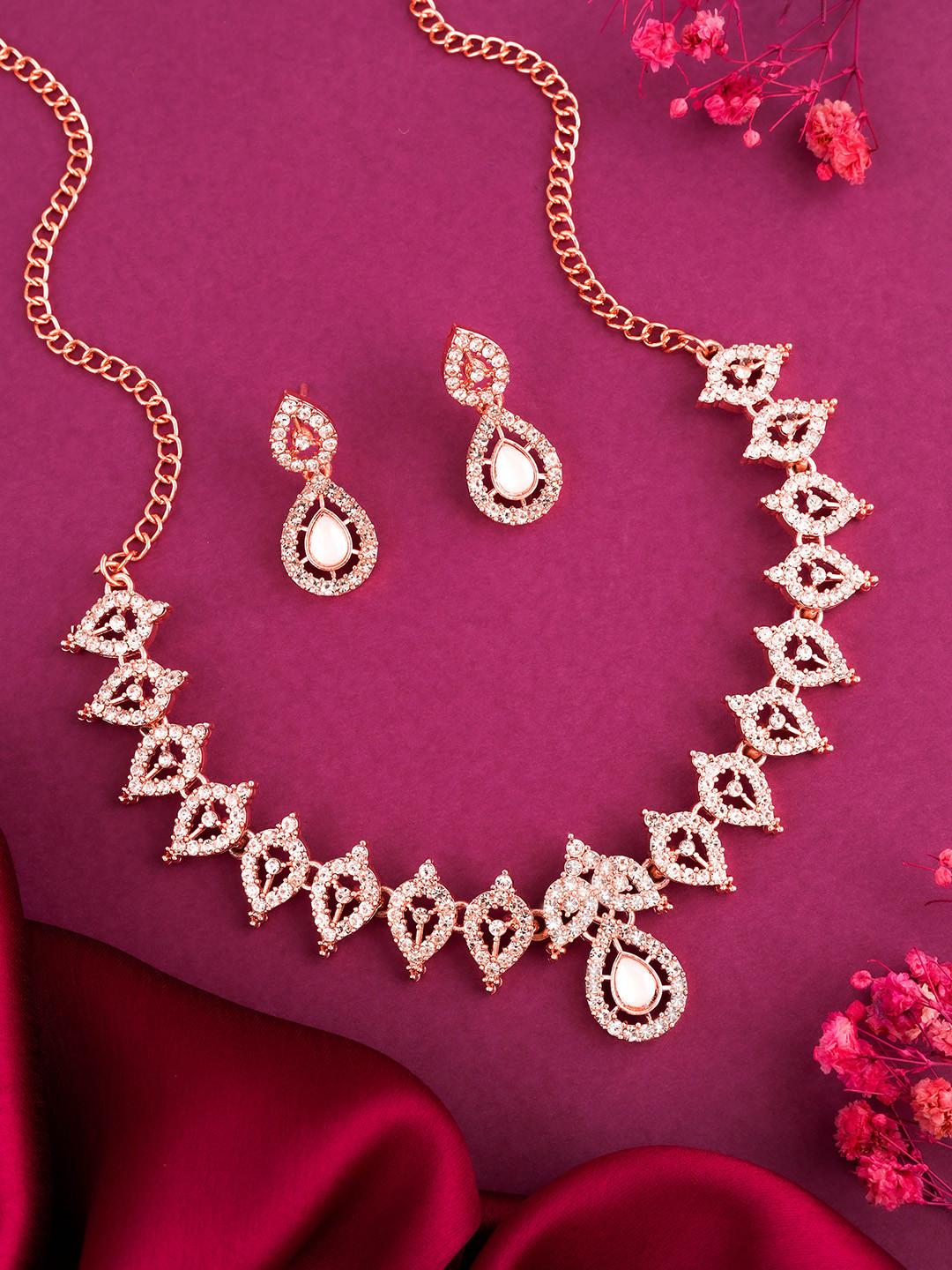 VEDDA Rose Gold-Plated American Diamond Stone Studded Jewellery Set