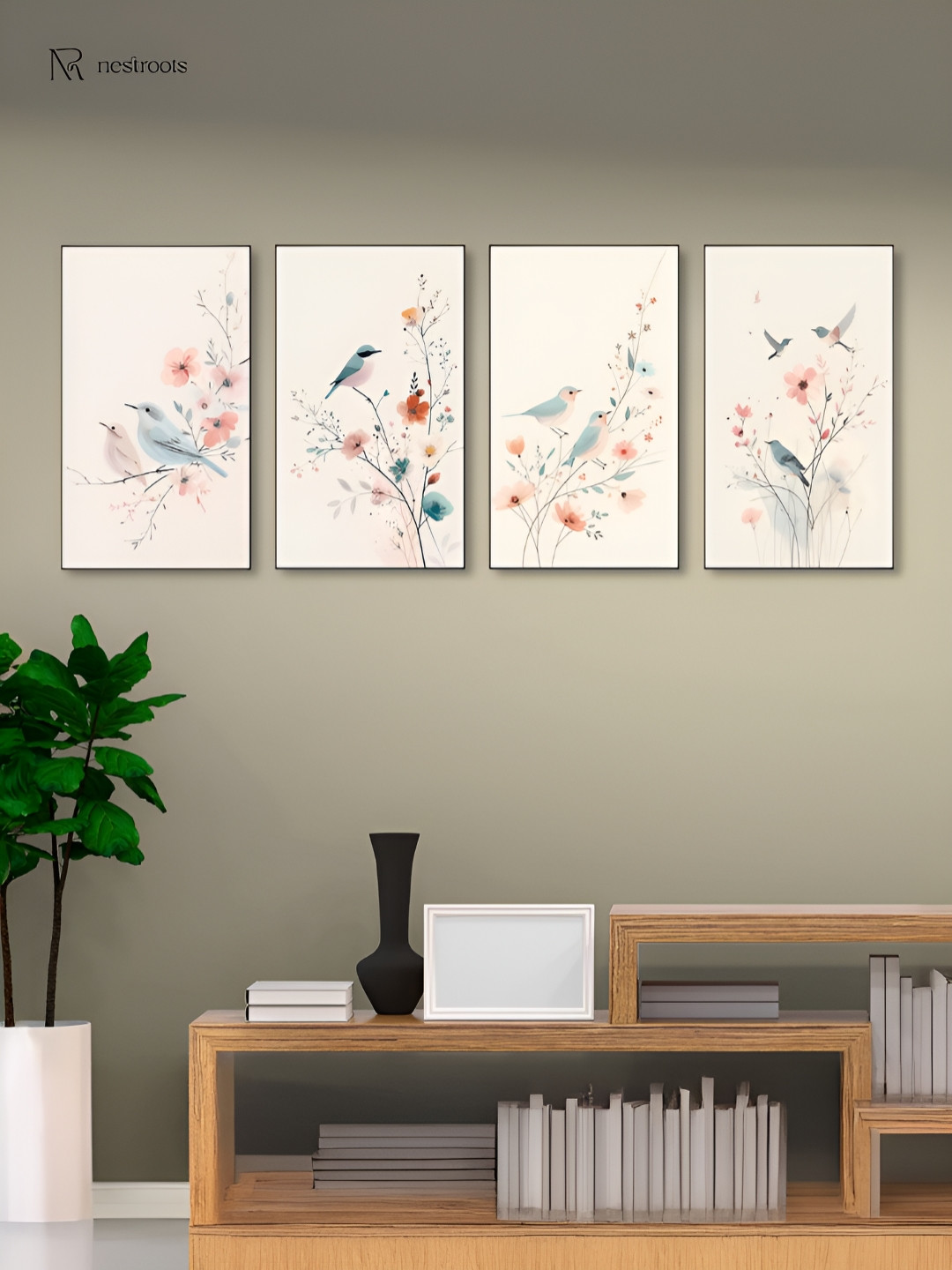 nestroots Pink & Blue 4 Pieces Canvas Birds on Branch Wall Arts