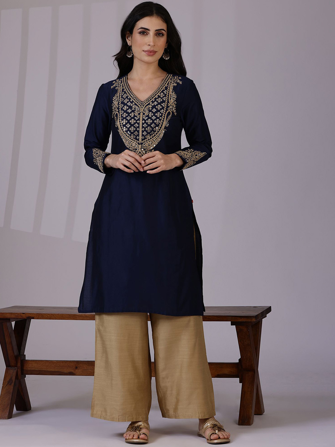W Navy Blue Floral Embroidered V-Neck Long Sleeves Regular A-Line Kurta